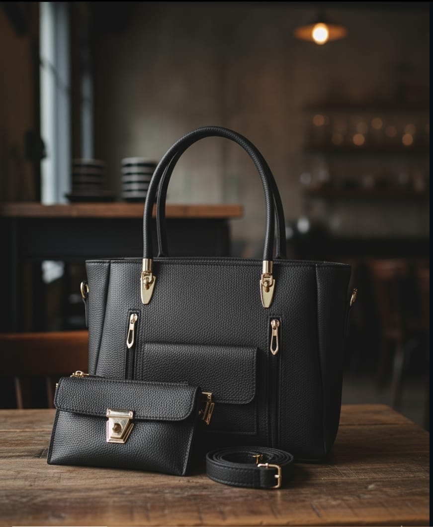 Luxury Black Pebble-Texture Handbag Set with Gold Hardware – Premium Tote + Crossbody
