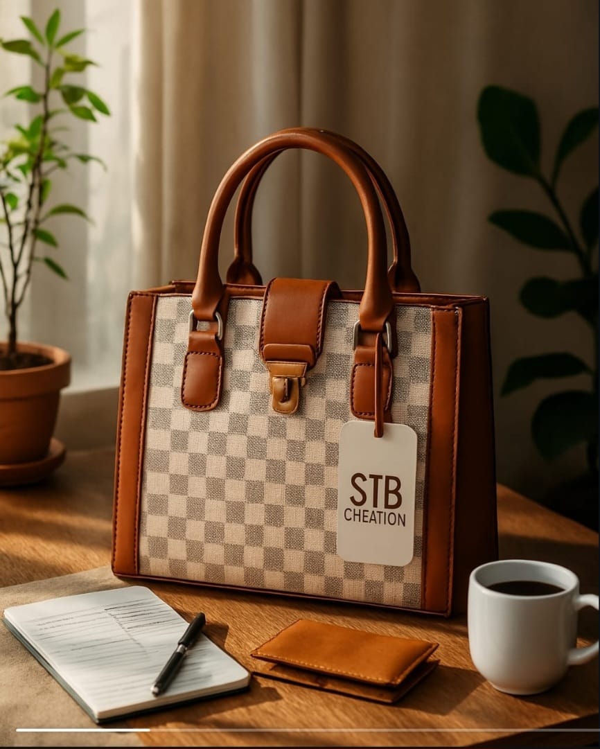 STB Cheation Classic Checkered Leather Handbag – Premium Structured Tote for Everyday Elegance