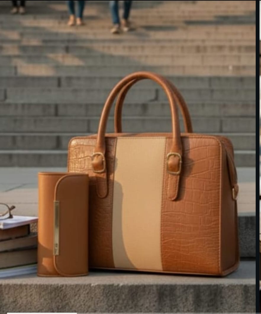 Elegant Dual-Tone Croc-Texture Handbag with Matching Wallet – Premium Structured Tote